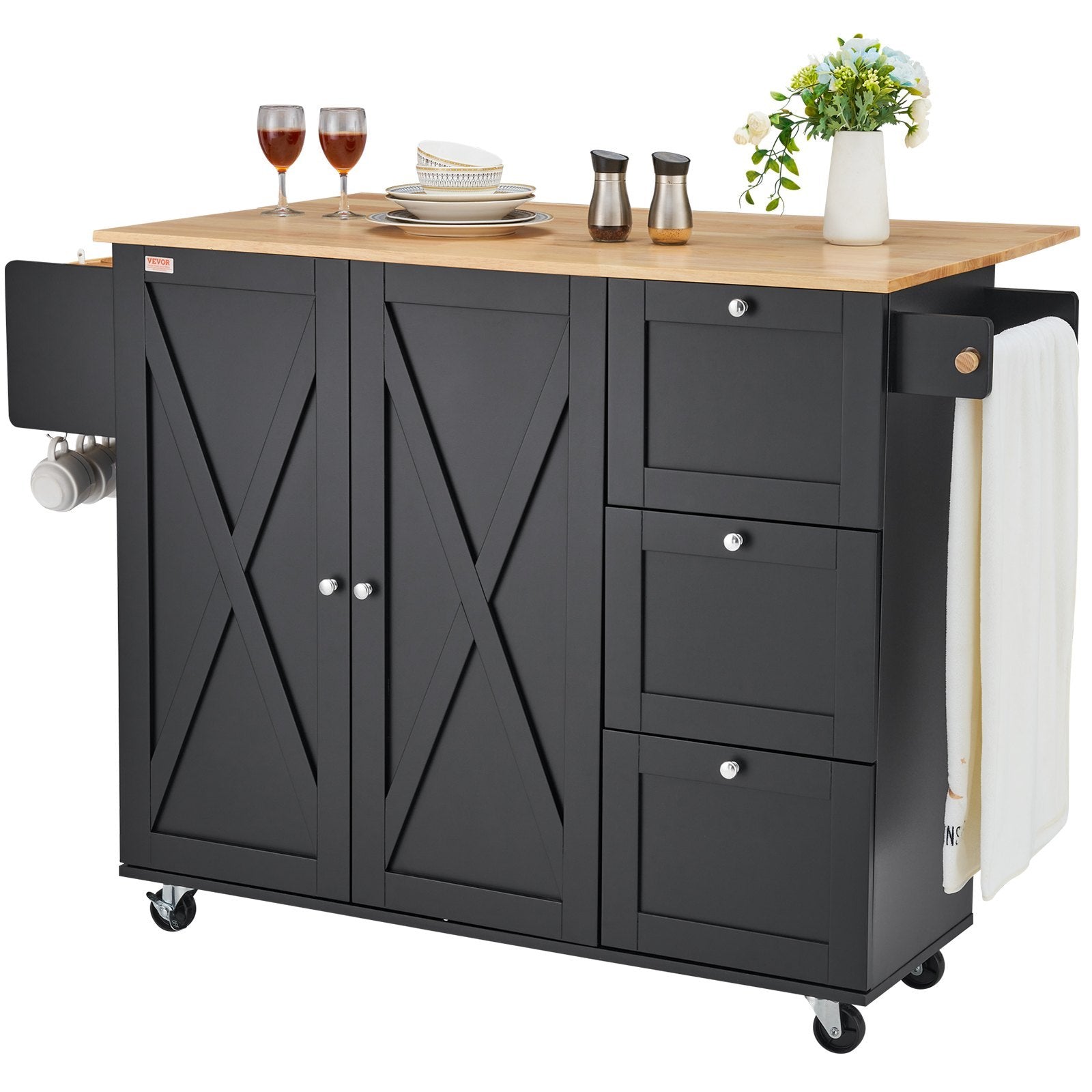 Kitchen Island Cart Rolling Storage Cabinet On Wheel With Drawer & Shelves