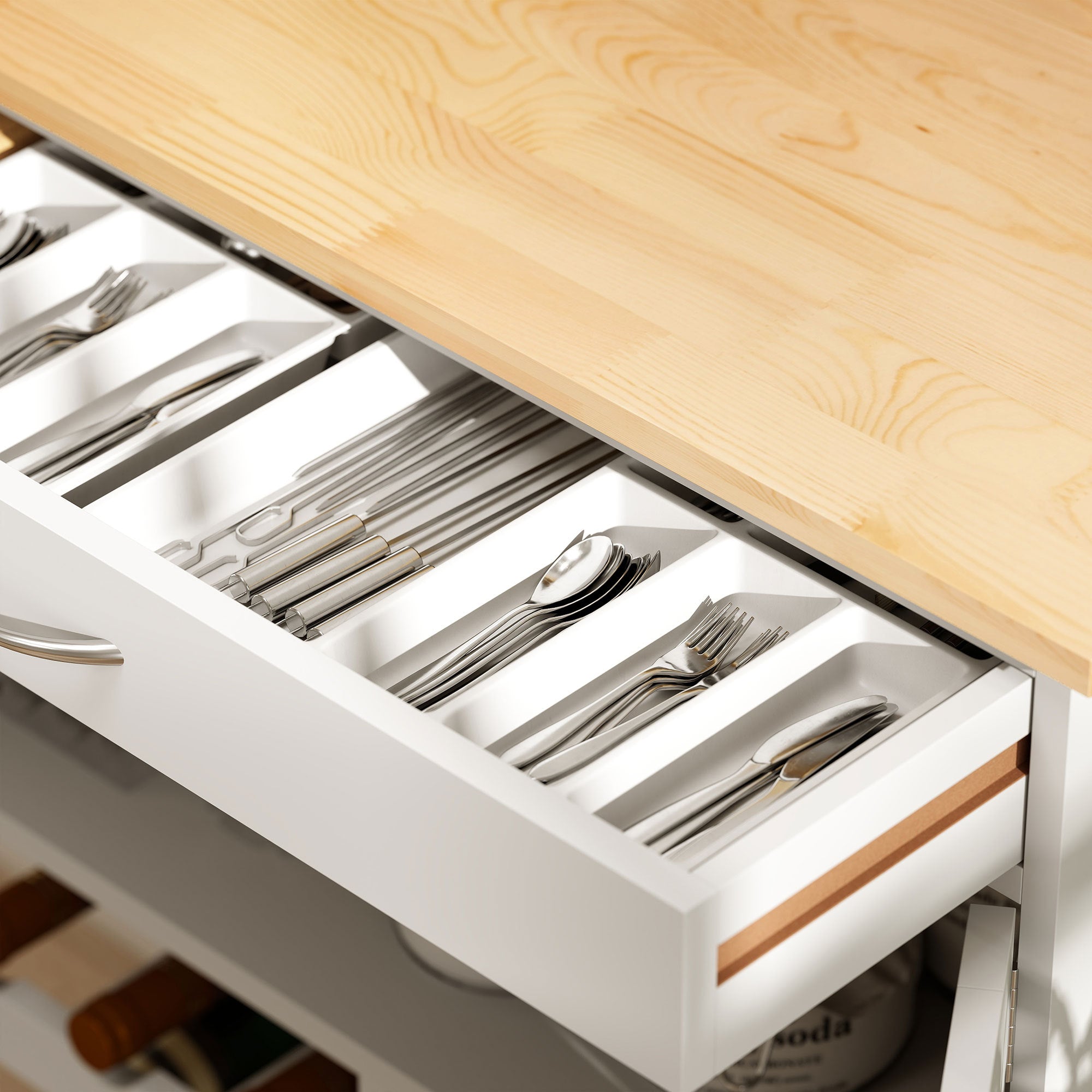 Rolling Kitchen Cart, White, Island With Storage Drawer, 9-Bottle Wine Rack, Door Cabinets, Wooden Countertop