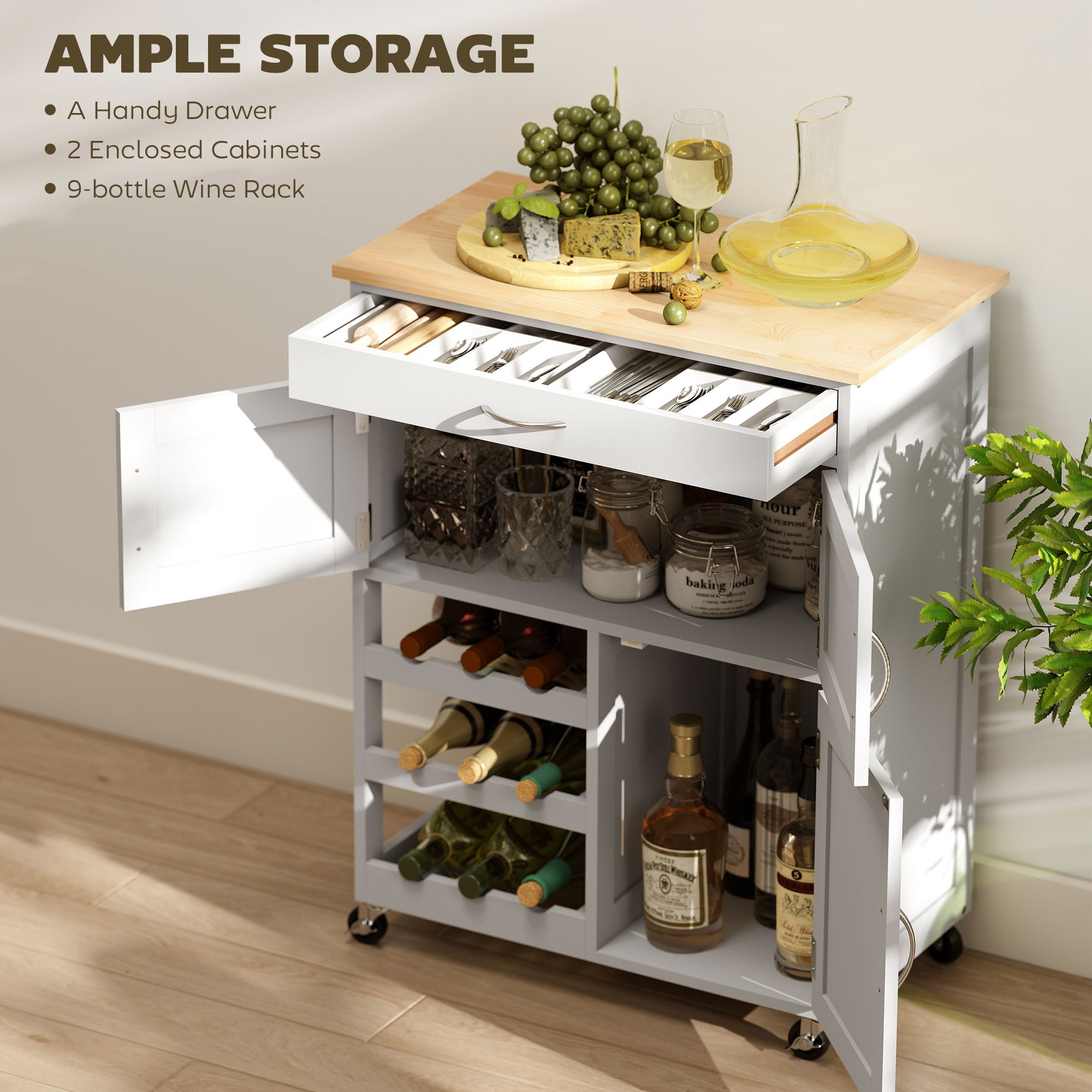 Rolling Kitchen Cart, White, Island With Storage Drawer, 9-Bottle Wine Rack, Door Cabinets, Wooden Countertop