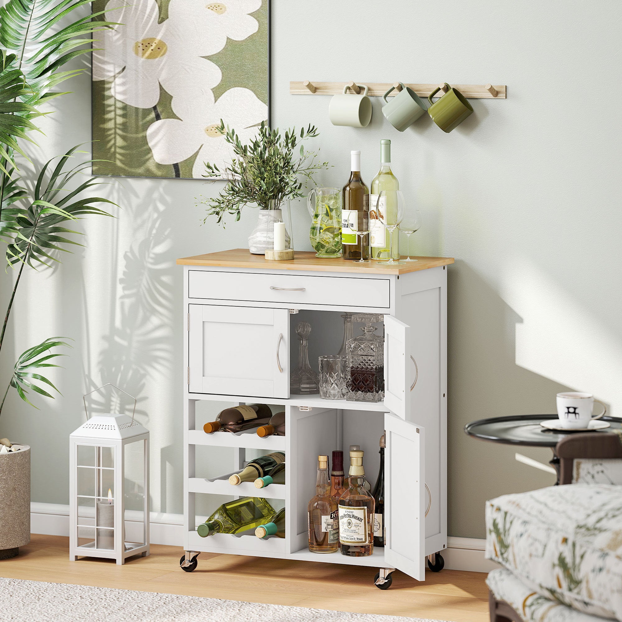 Rolling Kitchen Cart, White, Island With Storage Drawer, 9-Bottle Wine Rack, Door Cabinets, Wooden Countertop