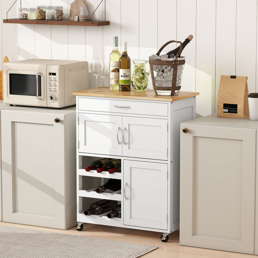Rolling Kitchen Cart, White, Island With Storage Drawer, 9-Bottle Wine Rack, Door Cabinets, Wooden Countertop