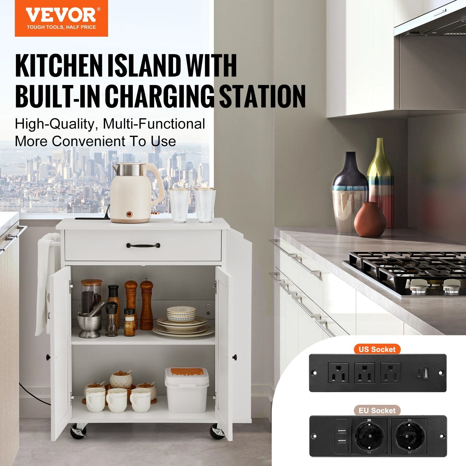 VEVOR Kitchen Island Cart Rolling Storage Cabinet On Wheel With Charging Station