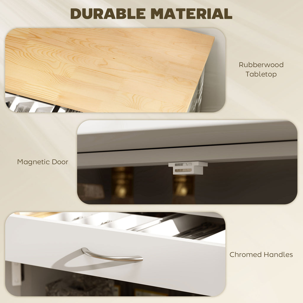 Rolling Kitchen Cart, White, Island With Storage Drawer, 9-Bottle Wine Rack, Door Cabinets, Wooden Countertop