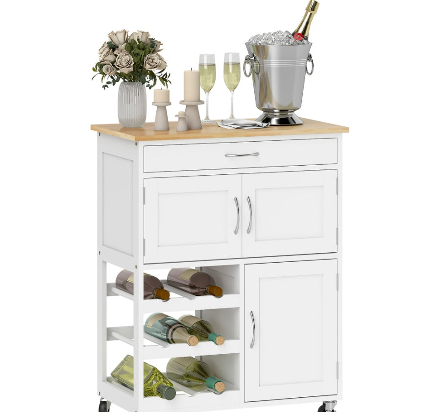 Rolling Kitchen Cart, White, Island With Storage Drawer, 9-Bottle Wine Rack, Door Cabinets, Wooden Countertop
